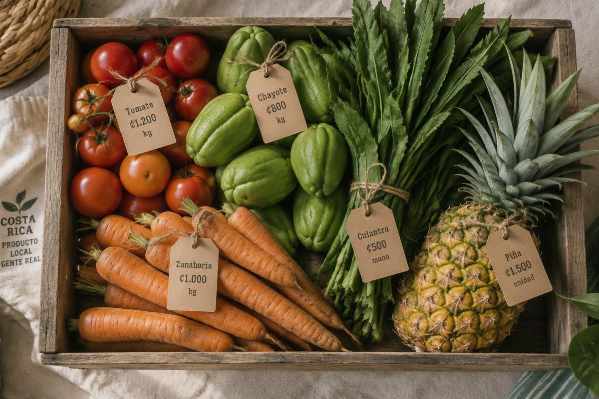 Cajuela de madera con tomate, chayote, culantro, zanahoria y piña con etiquetas de precio